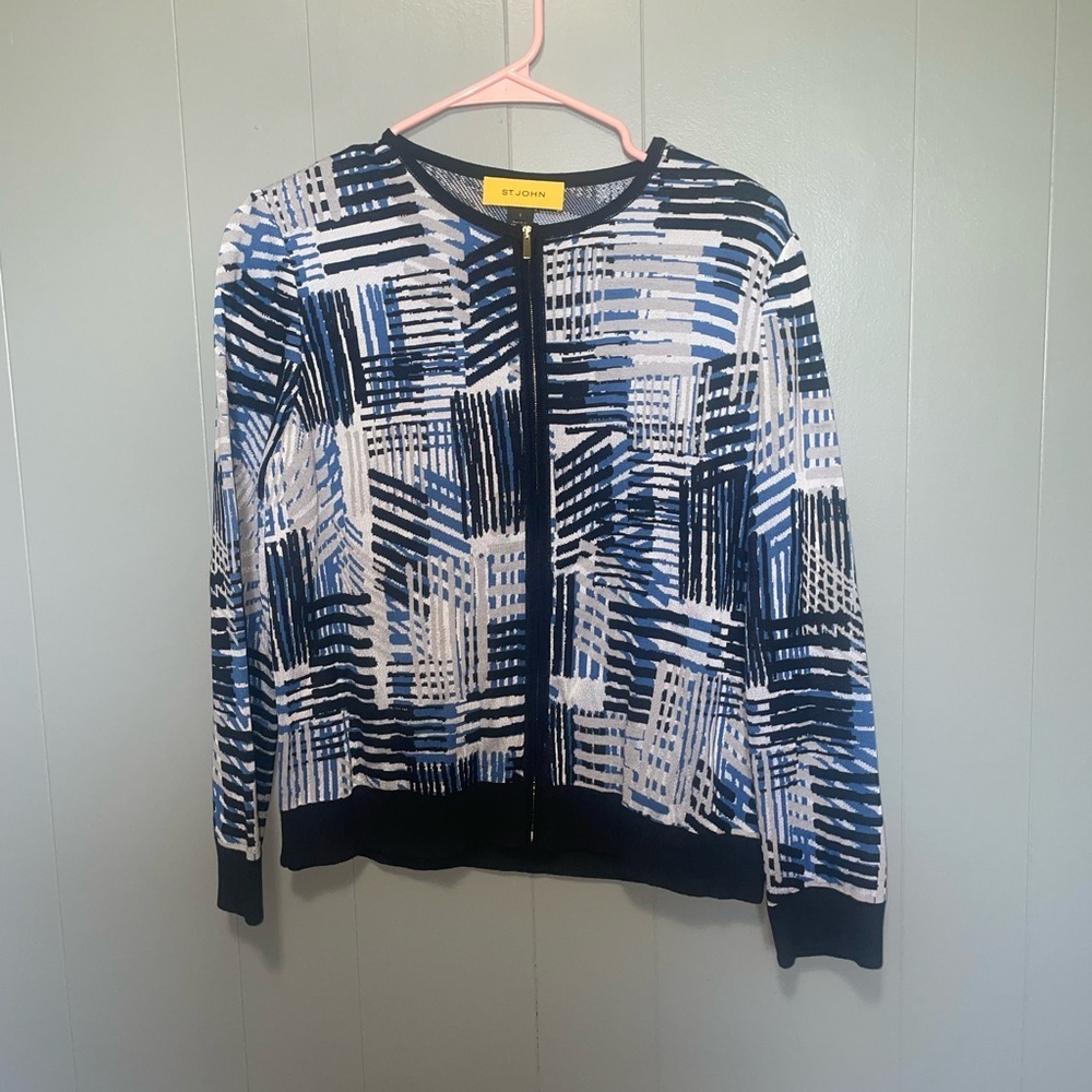 St. John Abstract Print Blue Caviar Multi Knit Zipper Sweater Jacket Small